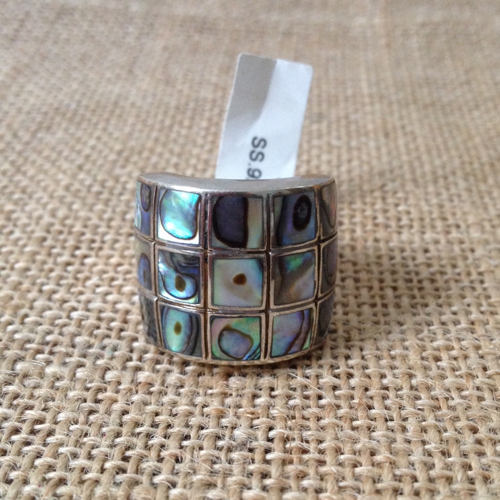 Abalone Mosaic Wide Band Ring - Iridescent Blue-Green